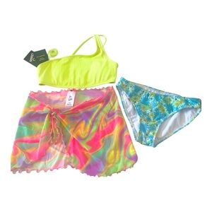 Art Class Girls Bundle 3Pc Bright Yellow Floral Bikini Set with CoverUp Skirt L